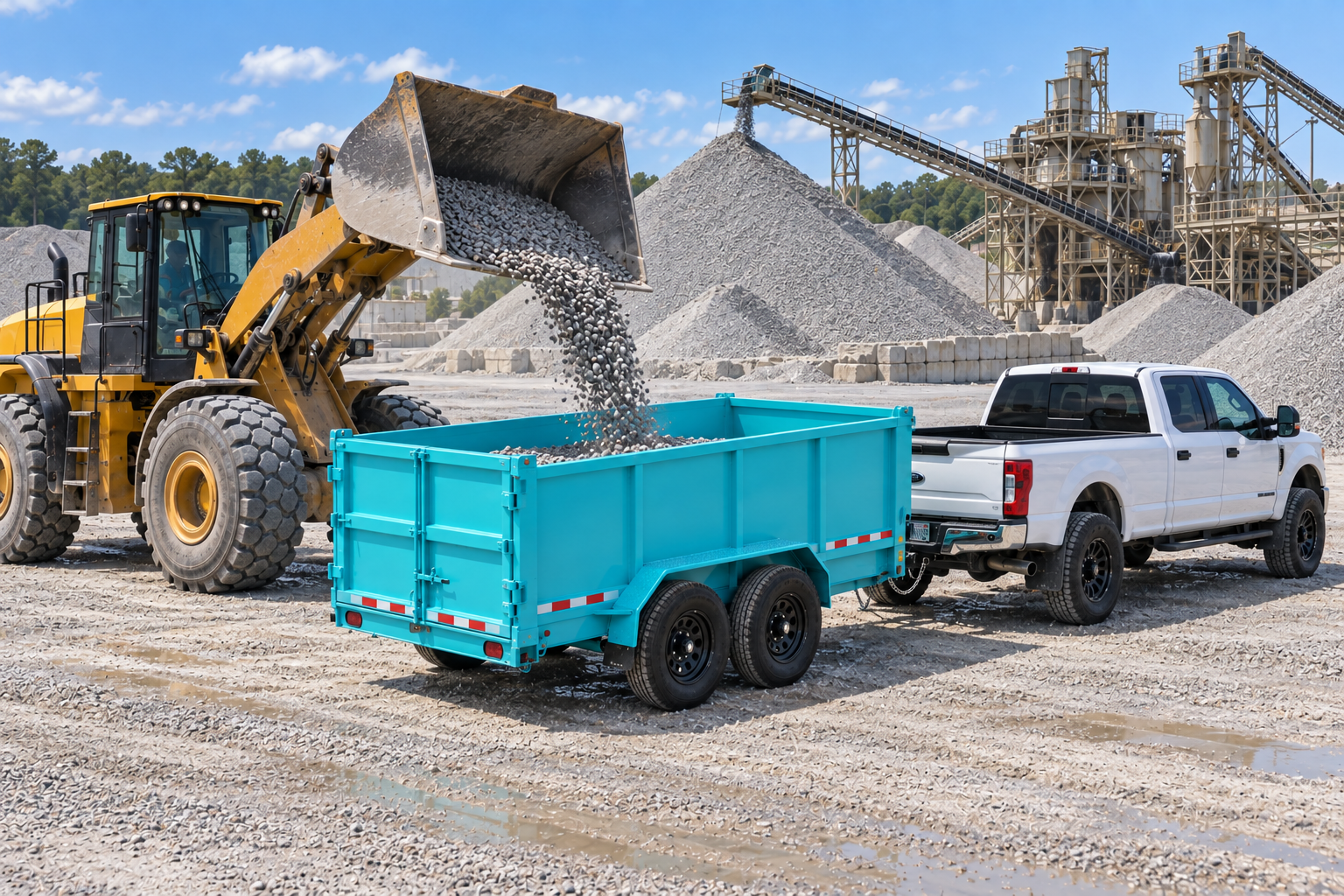 Illustration of a wheel loader placing a modest amount of crushed stone into an aqua dump trailer at an aggregate plant