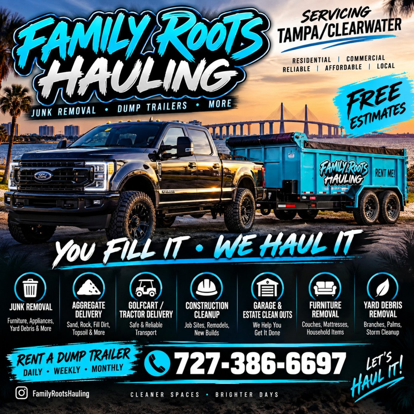 Family Roots Hauling truck and dump trailer promotional artwork