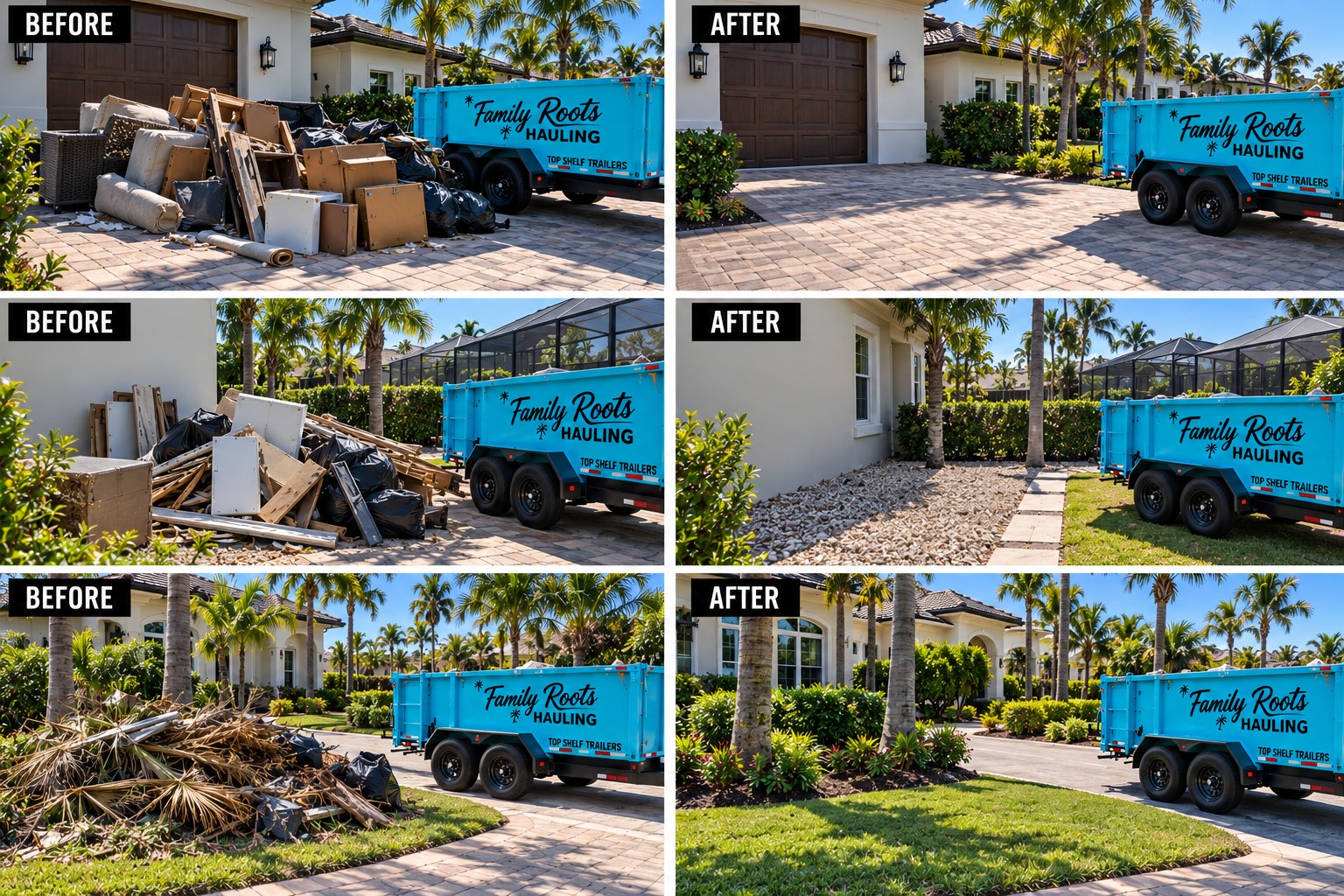 Three side-by-side before and after examples of residential debris cleanup with aqua Family Roots Hauling trailers