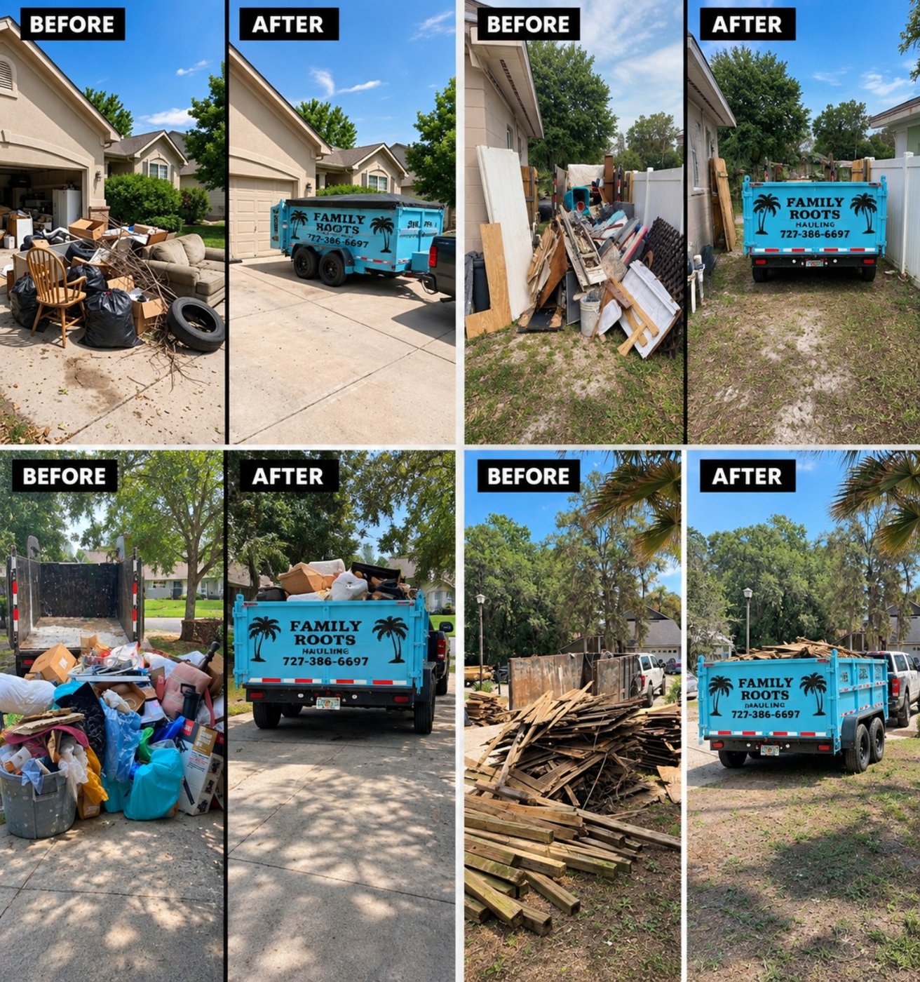 Before and after cleanup examples with Family Roots Hauling trailer