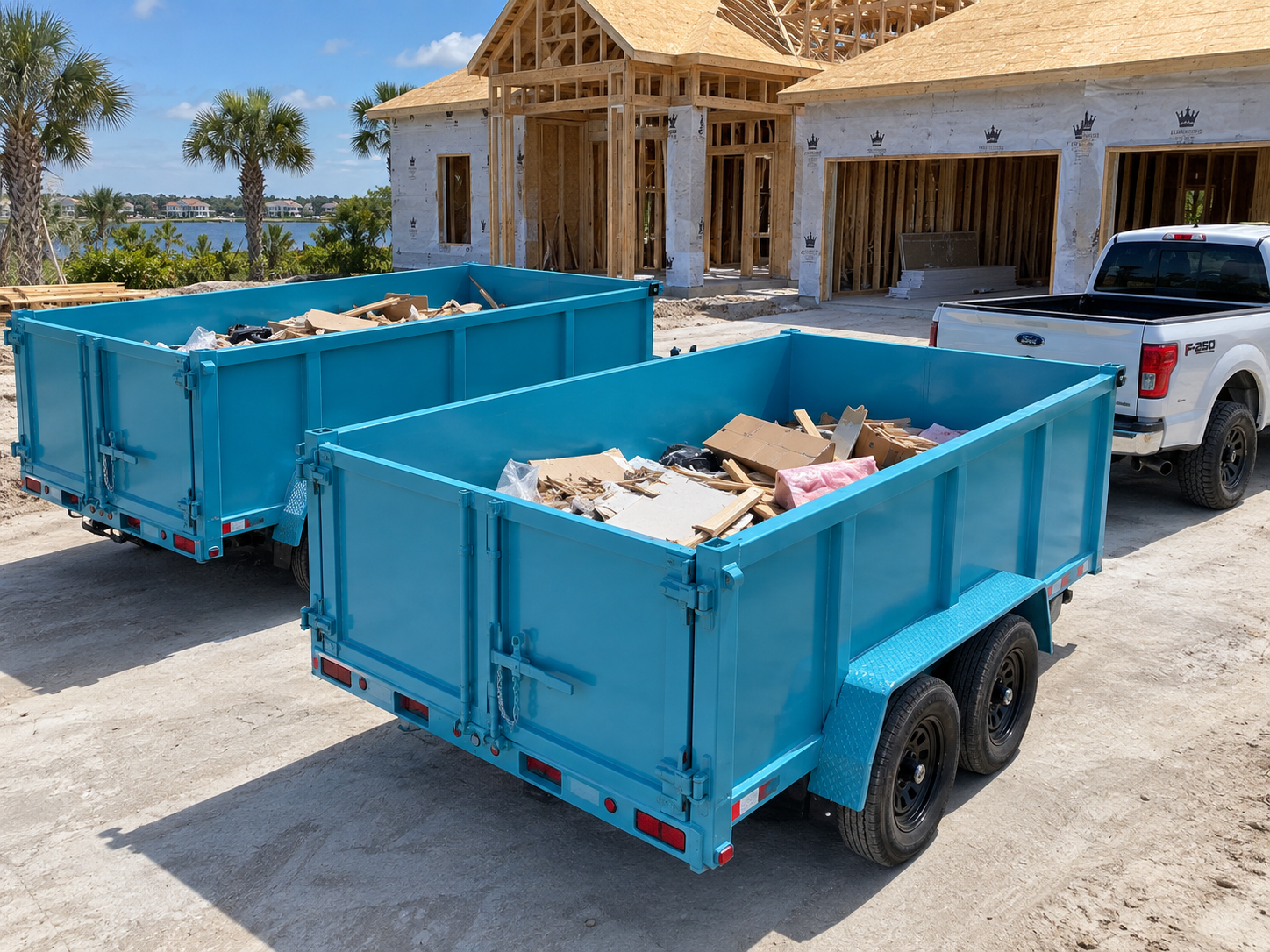 Illustration of two aqua dump trailers holding modest loads of construction debris below the top rails at a new home build