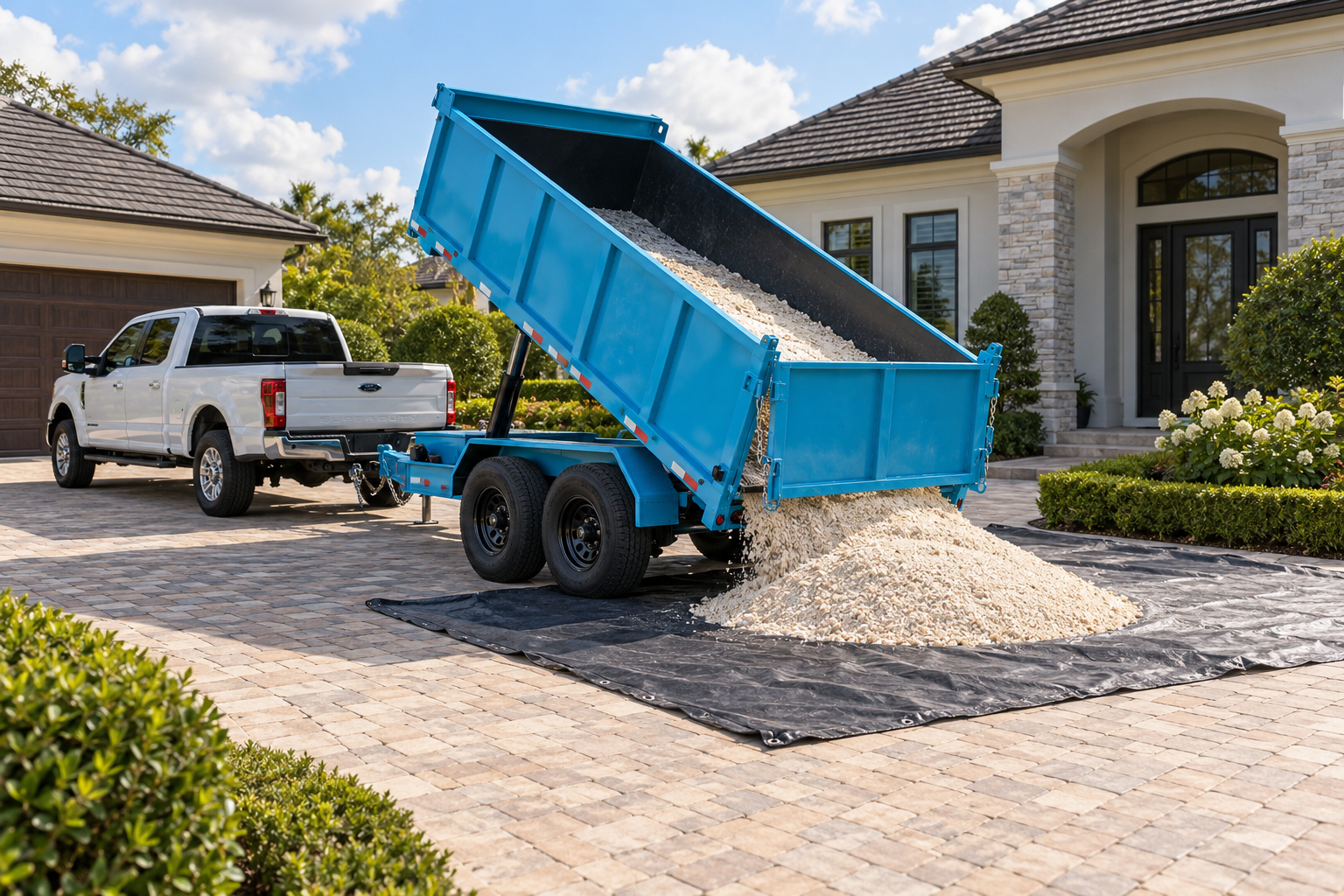Illustration of an aqua dump trailer placing a modest load of stone onto a tarp on a paver driveway