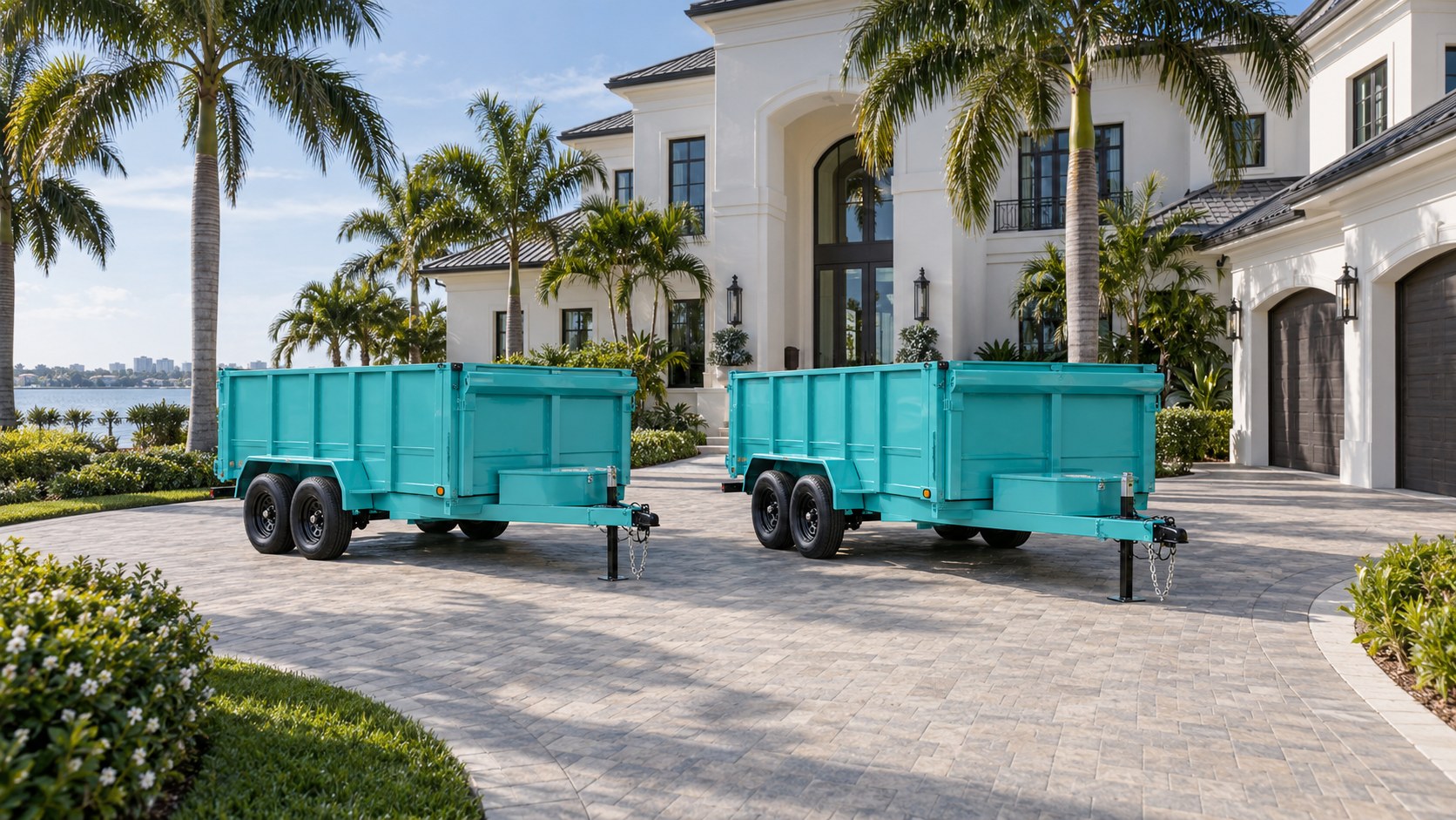 Illustration of two aqua dump trailers neatly parked on a spacious Florida estate driveway