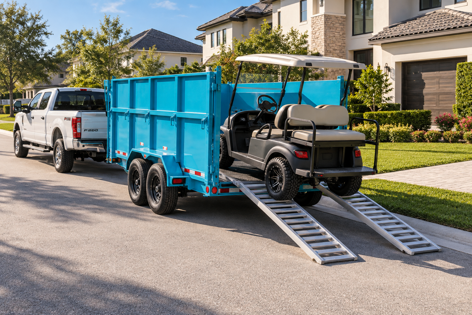 Illustration of a golf cart loading onto an aqua dump trailer in a neighborhood