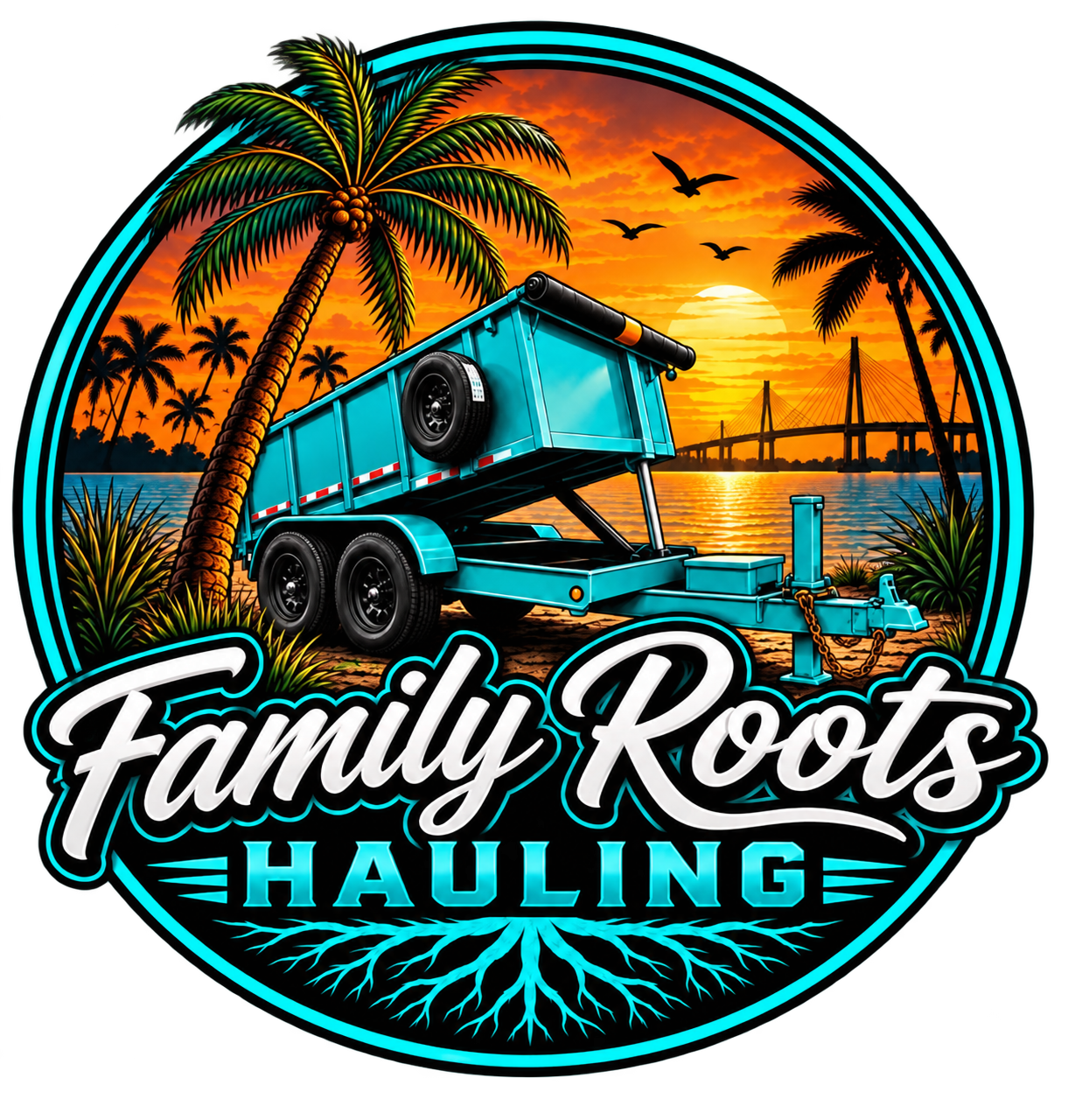 Original Family Roots Hauling logo with aqua dump trailer against a Florida sunset