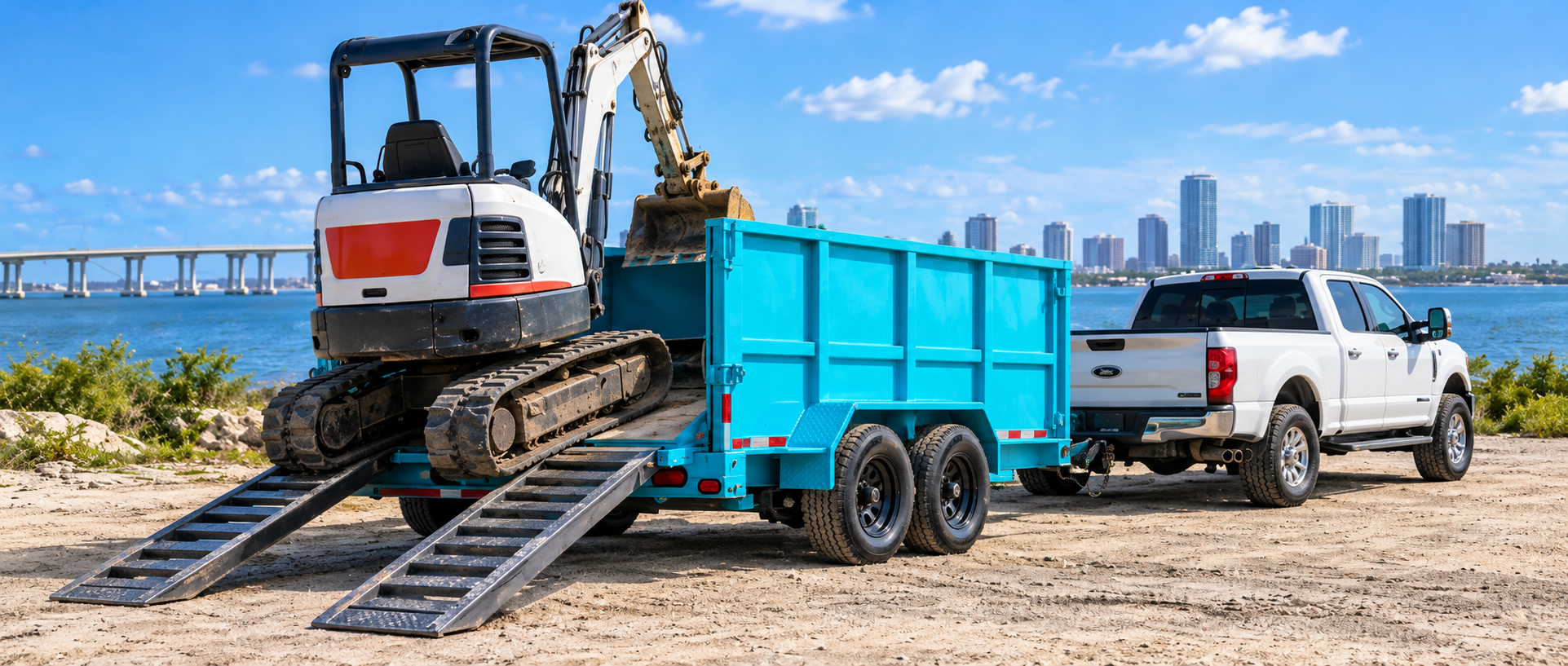 Illustration of a mini excavator loading onto an aqua dump trailer using two ramps