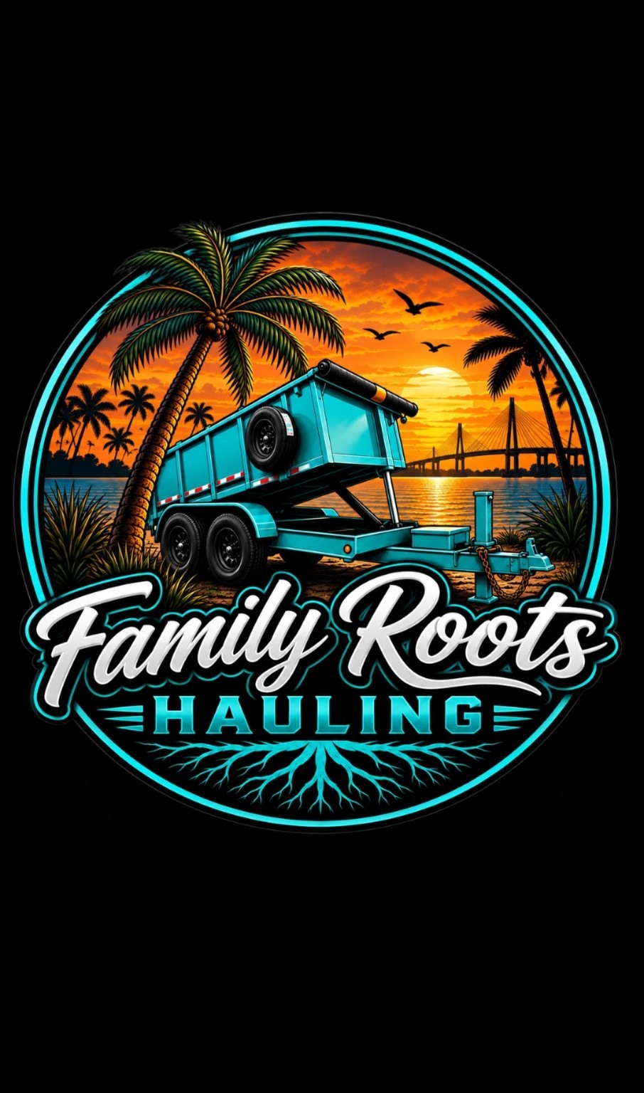 Original Family Roots Hauling logo with aqua dump trailer against a Florida sunset