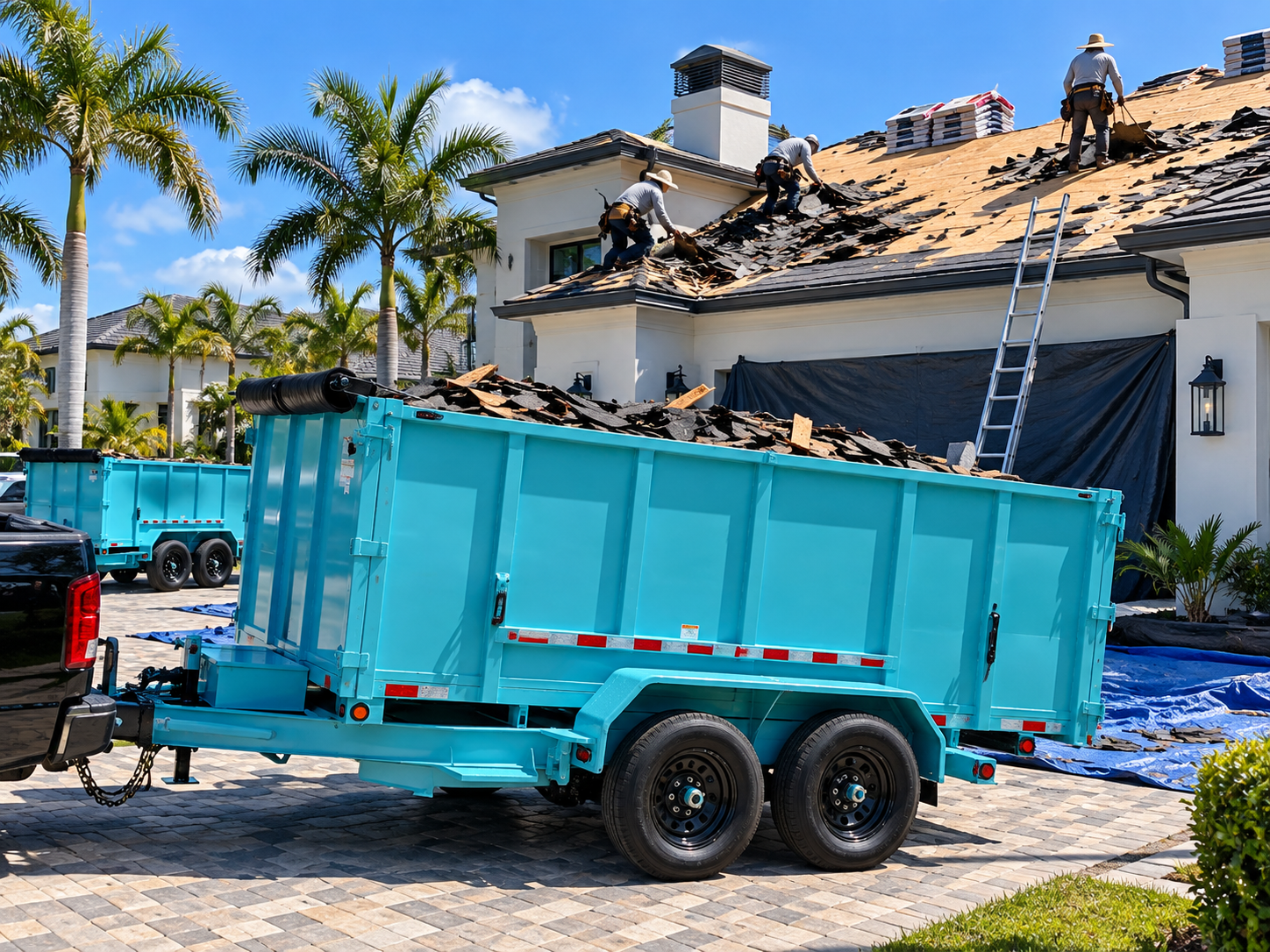 Illustration of aqua Top Shelf dump trailers at a Florida roof replacement, with shingles loaded near the top rail