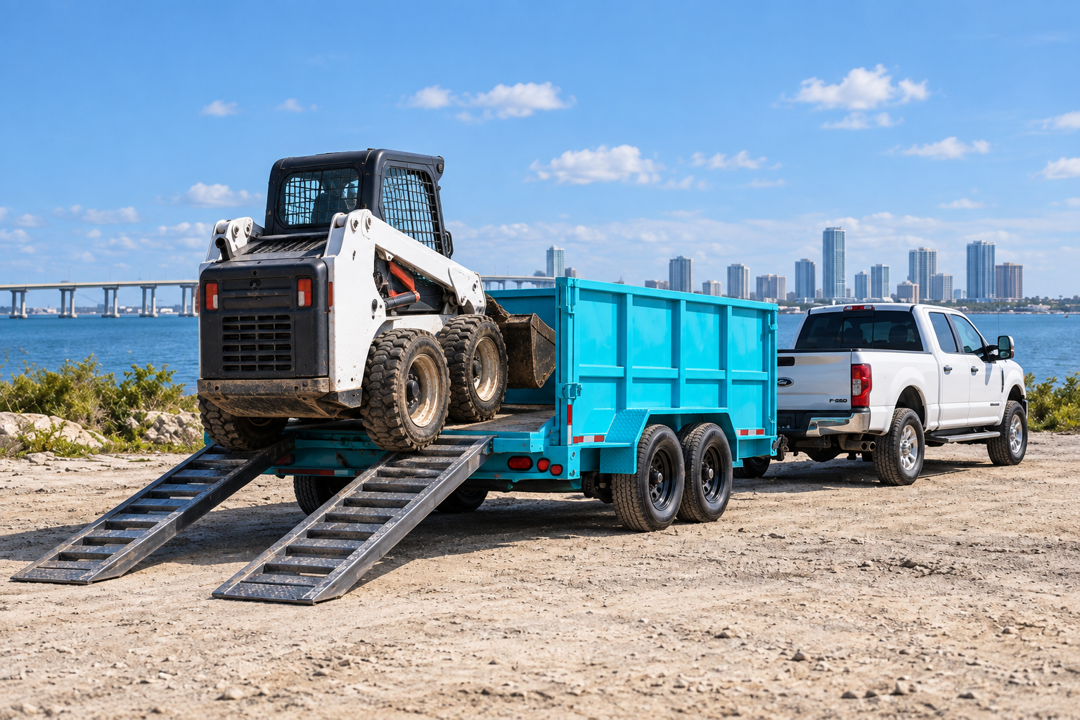 Illustration of a skid steer loading onto an aqua dump trailer using two ramps